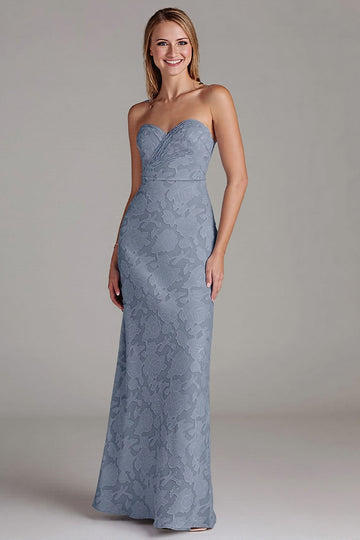 Strapless Sheath Dusty Blue Embroidery Long Bridesmaid Dress